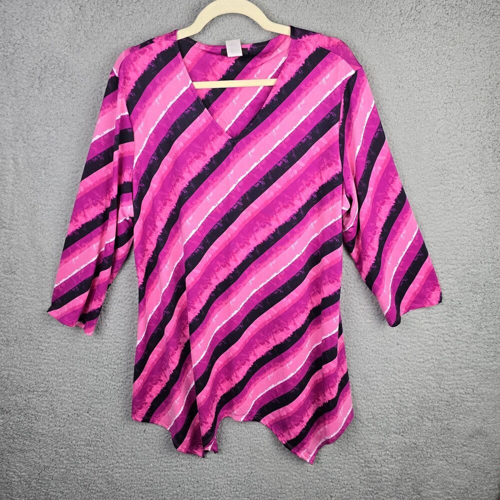 Cocomo Tunic Top Womens XL Pink Black Diagonal Striped V-Neck Stretchy Colorful